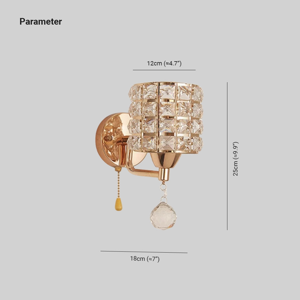 Lyra Crystal Glow Wall Light With Gold Base And Cylindrical Shade And Pull Chain For Living Rooms And Hallways