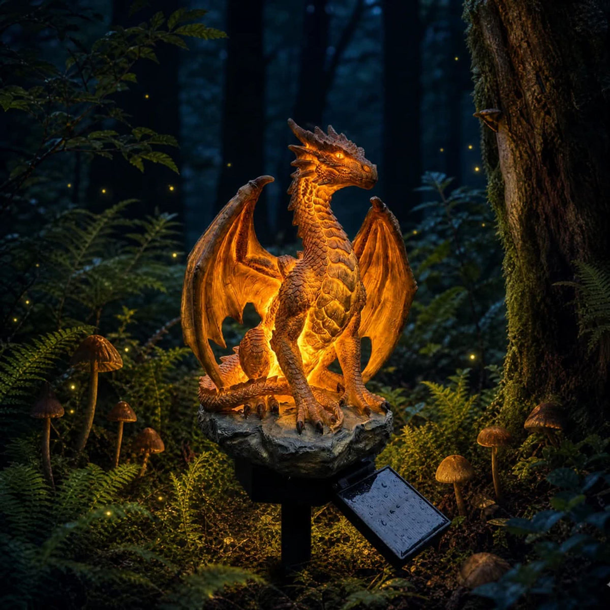 DRAGONORA gyllene solcellsdriven draklampa för trädgården — Skulptural dekor med glödande kolskimmer