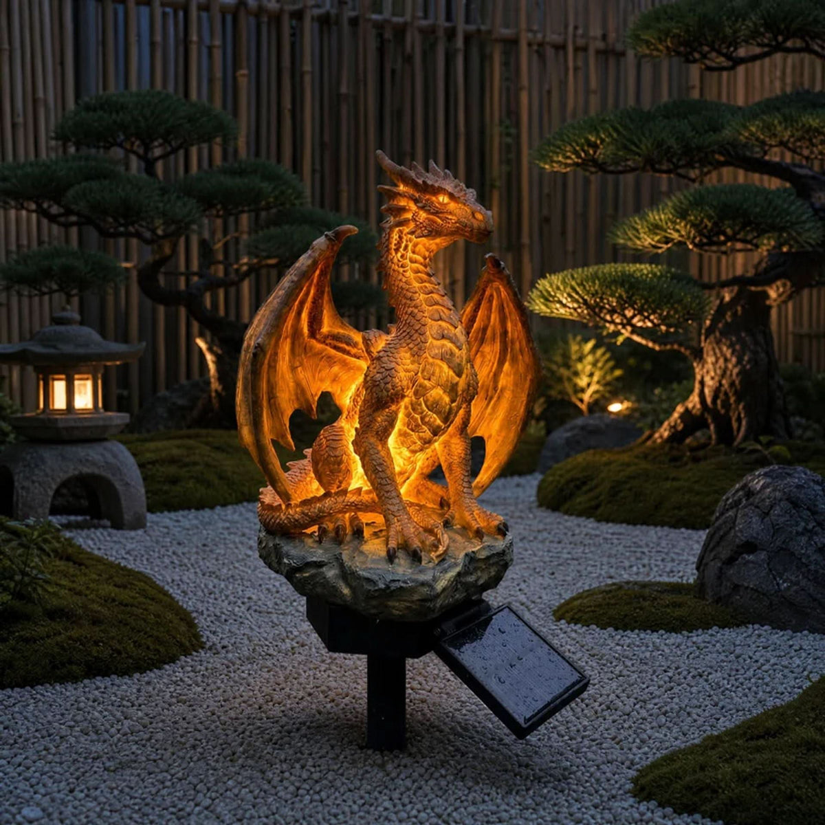 DRAGONORA gyllene solcellsdriven draklampa för trädgården — Skulptural dekor med glödande kolskimmer
