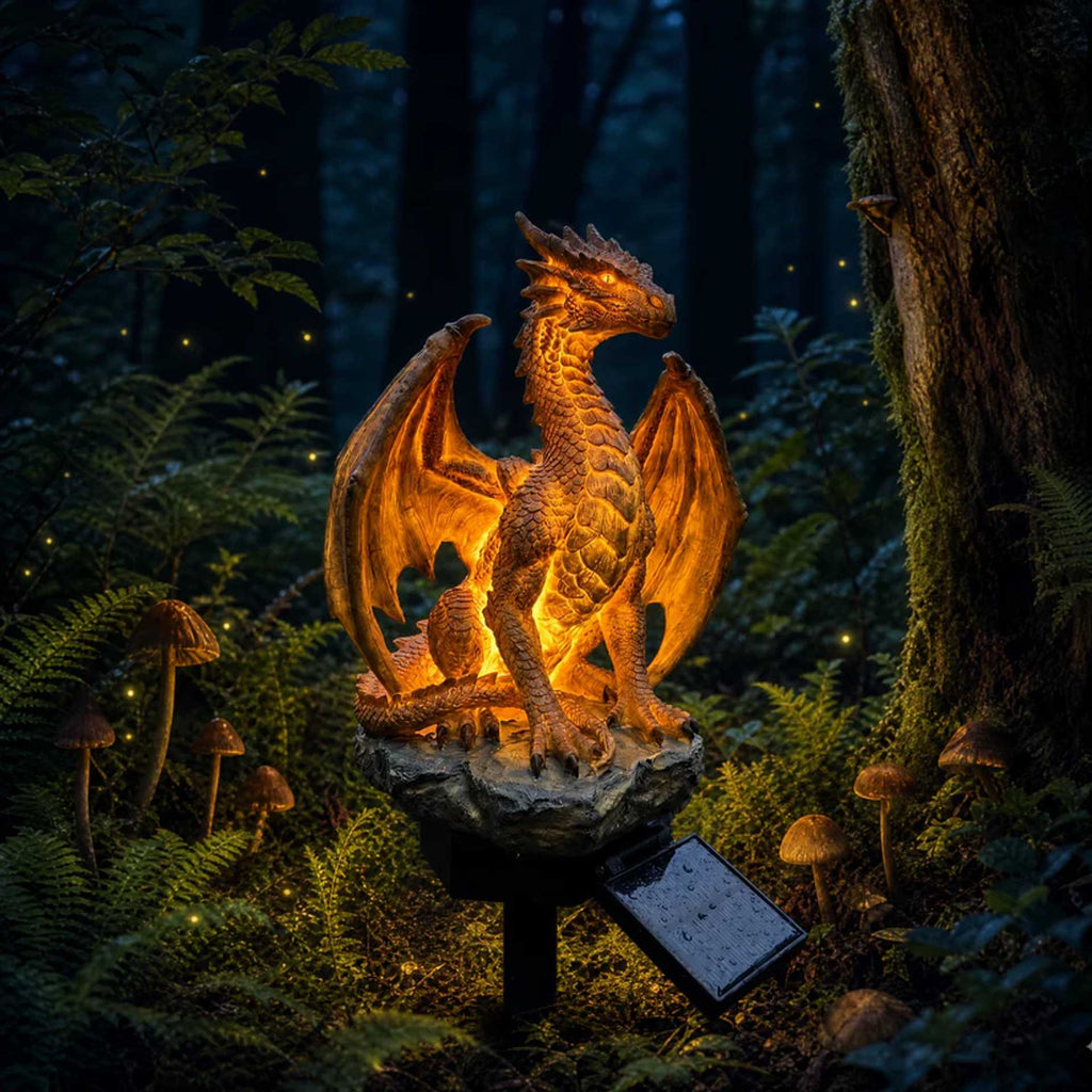 DRAGONORA gyllene solcellsdriven draklampa för trädgården — Skulptural dekor med glödande kolskimmer