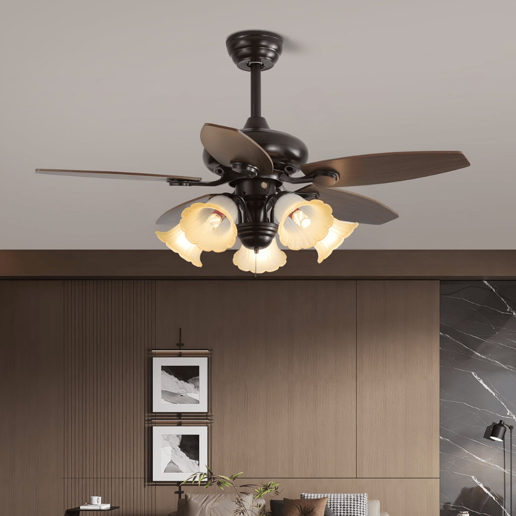 Vintage Wood And Glass Ceiling Fan With Light And Remote