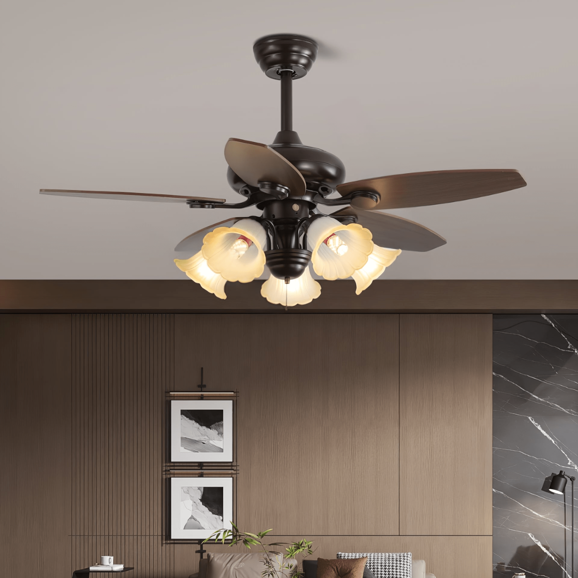 Vintage Wood And Glass Ceiling Fan With Light And Remote