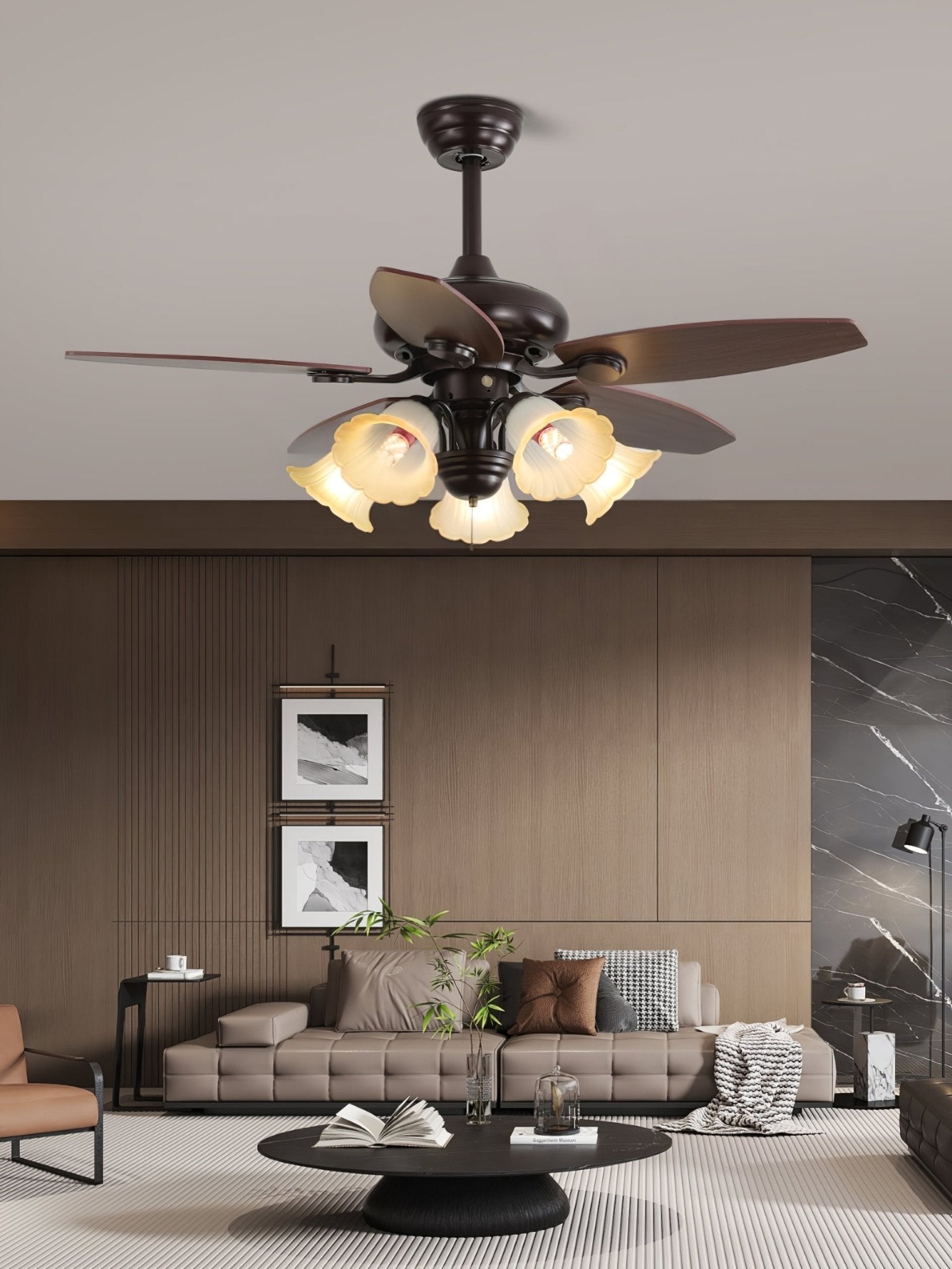 Stropní ventilátor Florence Vintage s dřevěnými a skleněnými světly, průměr 107 cm, šest rychlostí