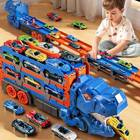 Dino Racer sammenklappeligt transportørsæt — To støbte biler, sammenklappelig base, automatisk hængsel