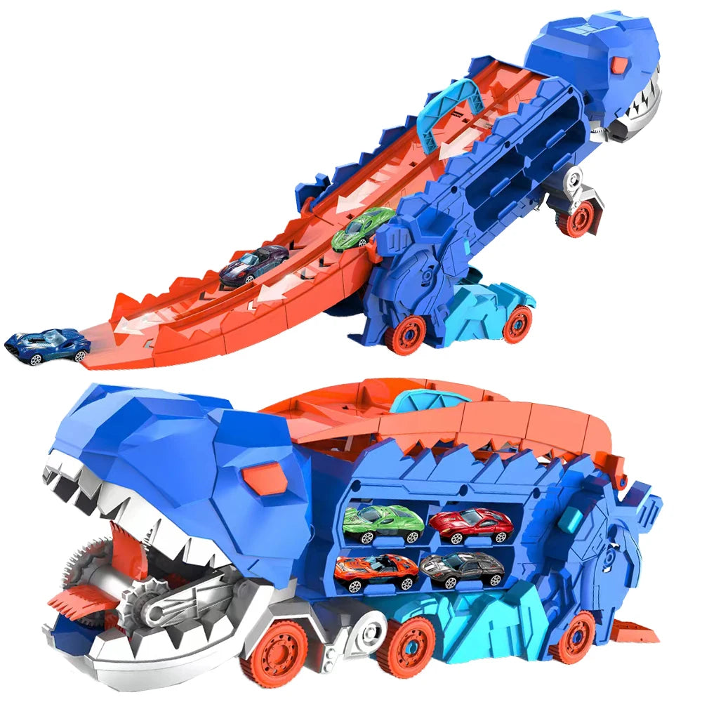 Dino Racer sammenklappeligt transportørsæt — To støbte biler, sammenklappelig base, automatisk hængsel