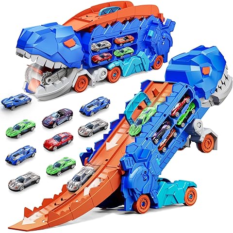 Dino Racer sammenklappeligt transportørsæt — To støbte biler, sammenklappelig base, automatisk hængsel