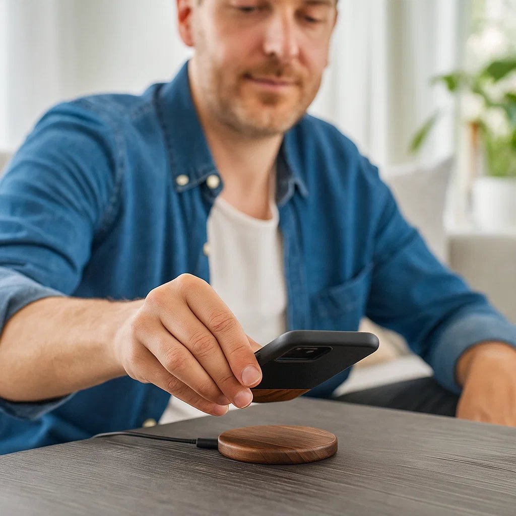 شاحن لاسلكي سريع بتقنية Qi من فيردانت تشارج — مصنوع من الخيزران، مع حماية من ارتفاع الحرارة