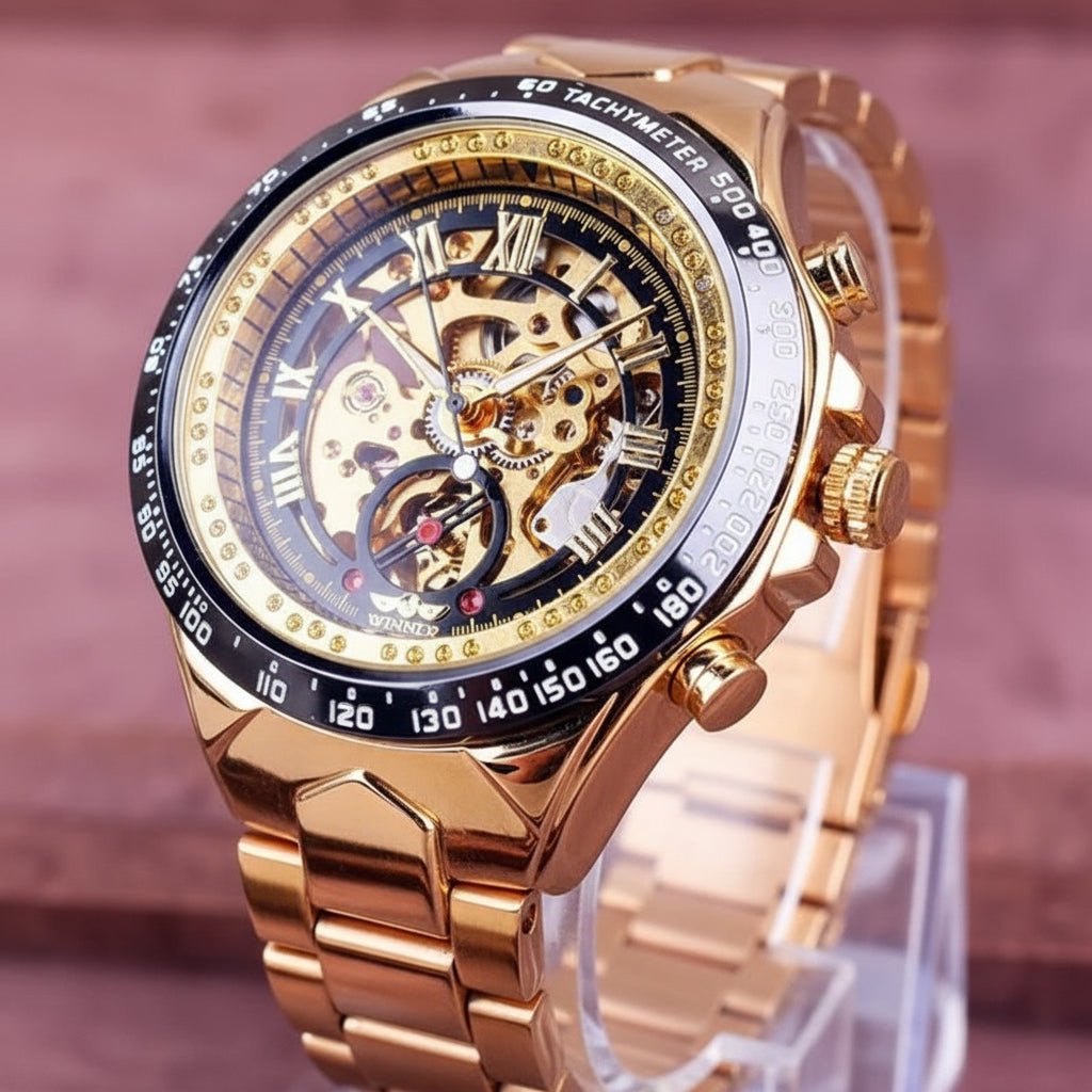 Aurora Luxe Mechanické hodinky — strojek poháněný pohybem, design se zlatavým leskem