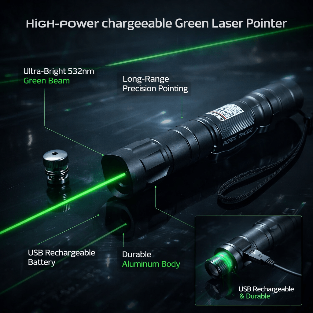 Ekologinen USB-ladattava vihreä laserosoitin — kompakti kirkas 532nm:n säde