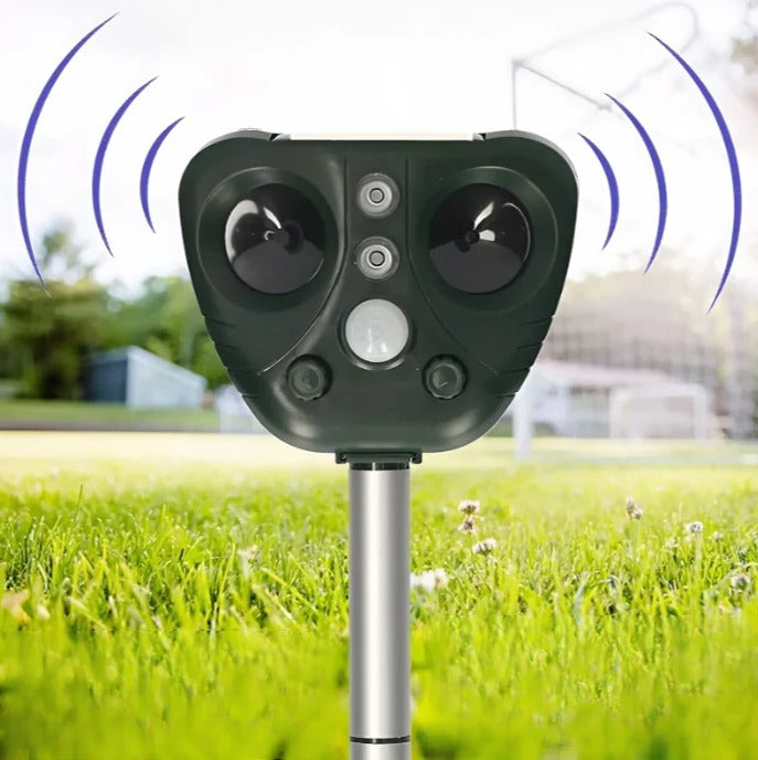 EcoGuard Solar Powered Bird Deterrent — Dual Charging Base, Sound and Light Pulse System