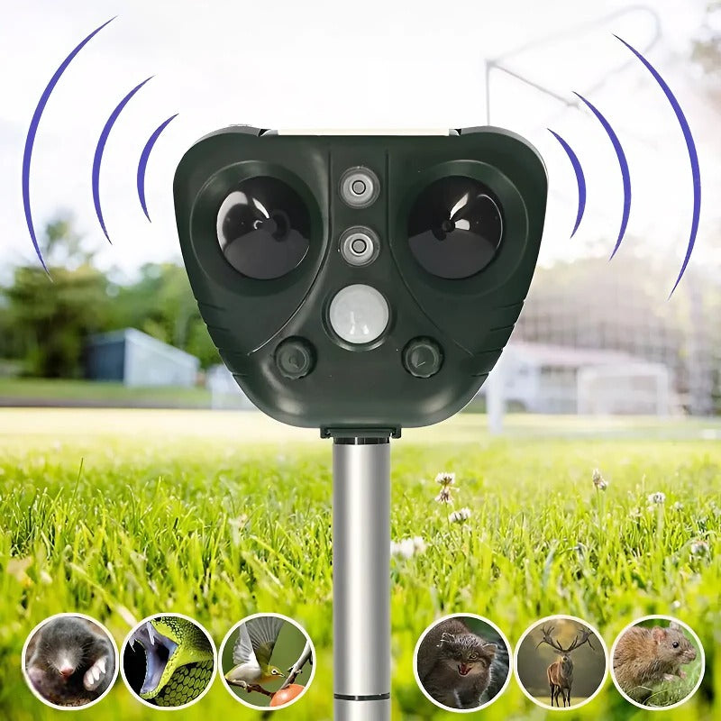 EcoGuard Solar Powered Bird Deterrent — Dual Charging Base, Sound and Light Pulse System