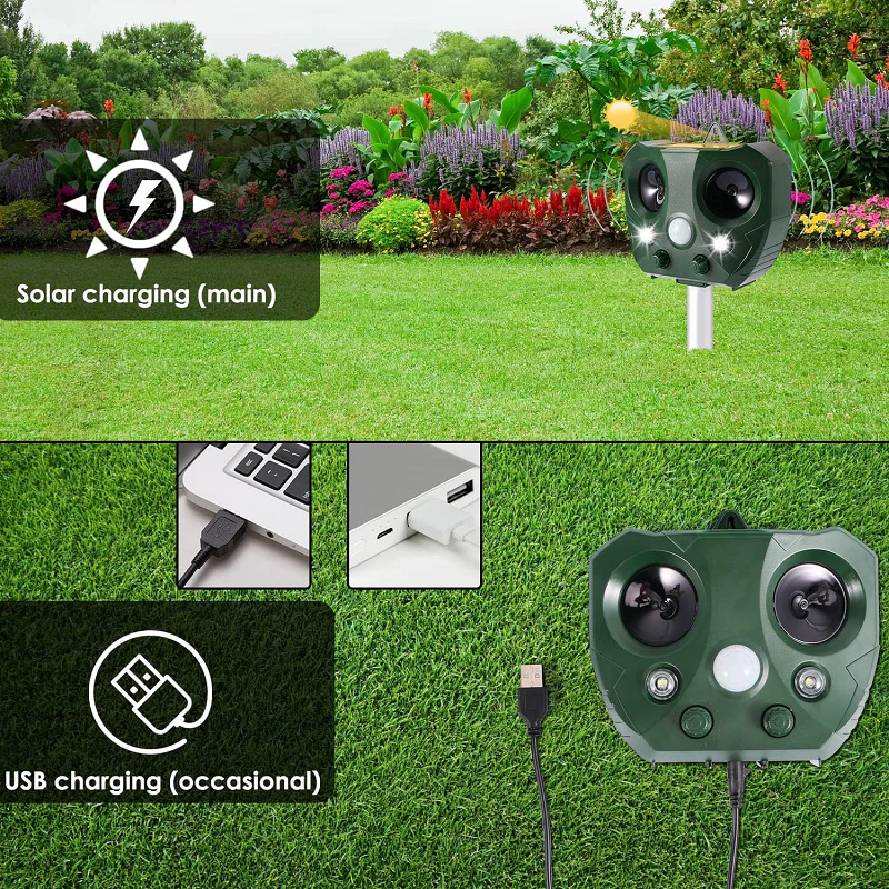 EcoGuard Solar Powered Bird Deterrent — Dual Charging Base, Sound and Light Pulse System