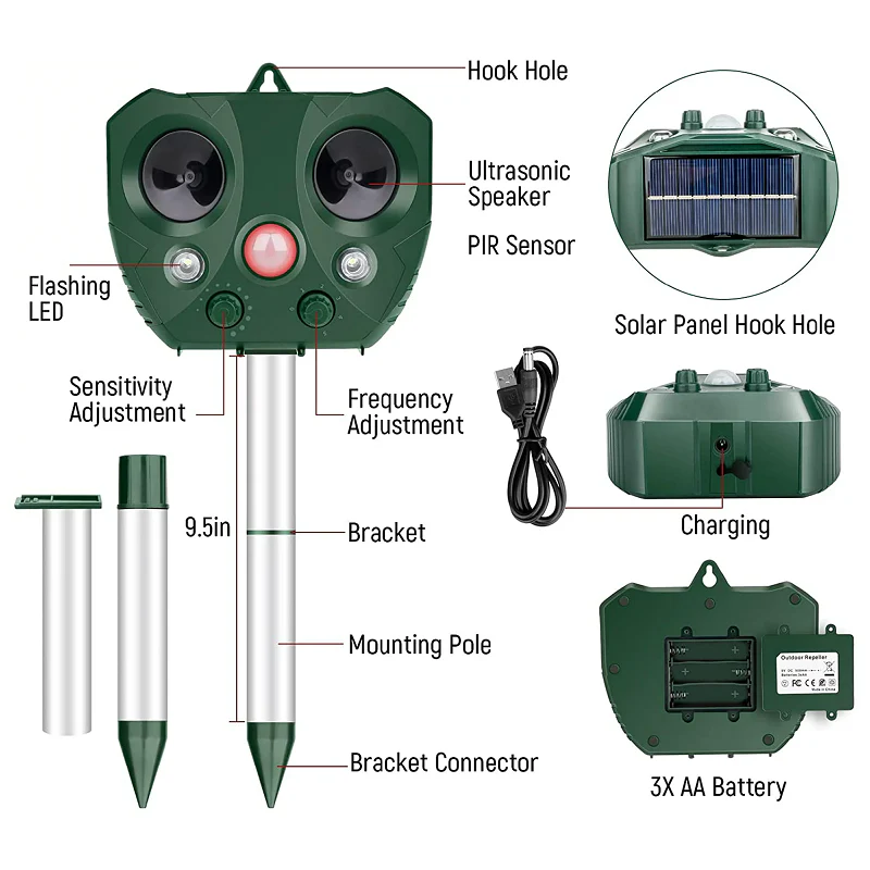 EcoGuard Solar Powered Bird Deterrent — Dual Charging Base, Sound and Light Pulse System
