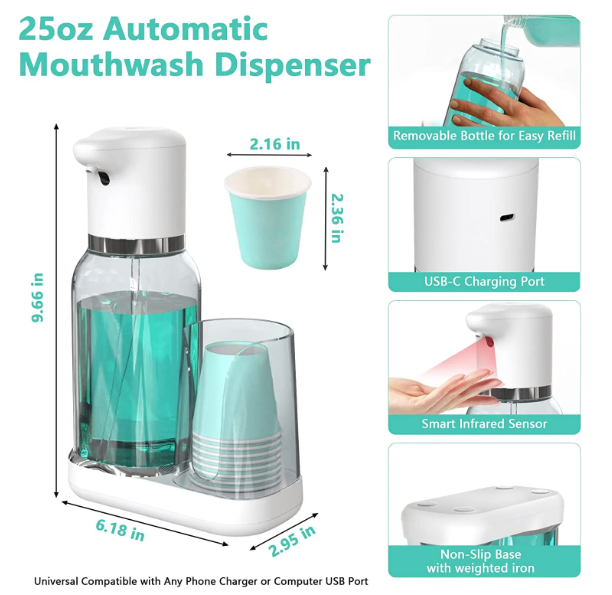 Touchless Mouthwash Dispenser — Infrared Sensor, Volume Control, 750ml