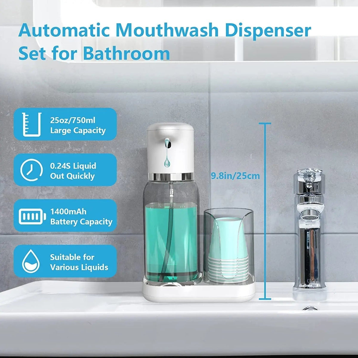 Touchless Mouthwash Dispenser — Infrared Sensor, Volume Control, 750ml