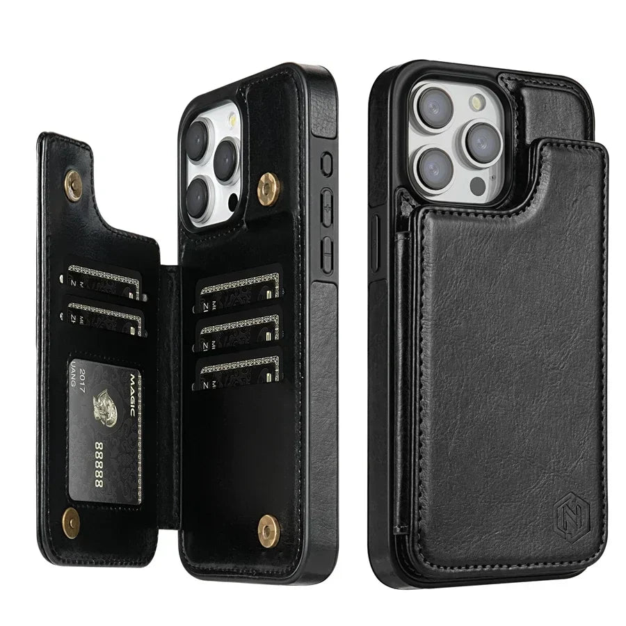 Premium Leather Phone Wallet Case — Built-In Card Slots, Secure Magnetic Closure