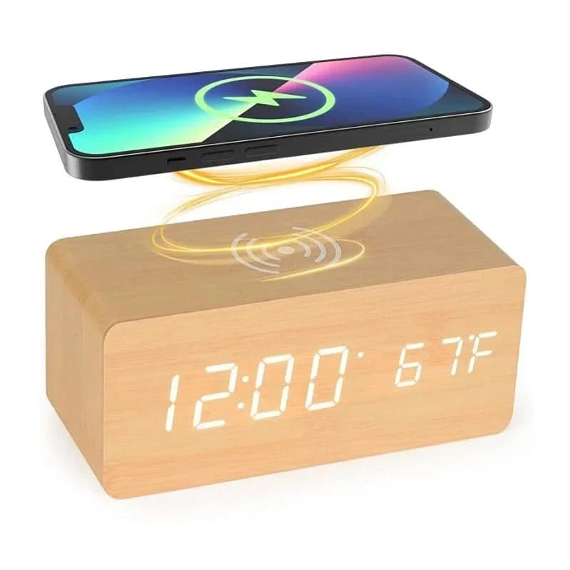 Wooden Alarm Clock — Wireless Charging, Voice Activation
