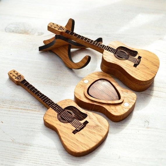 Engraved Wooden Guitar Pick Box — Display Stand Included