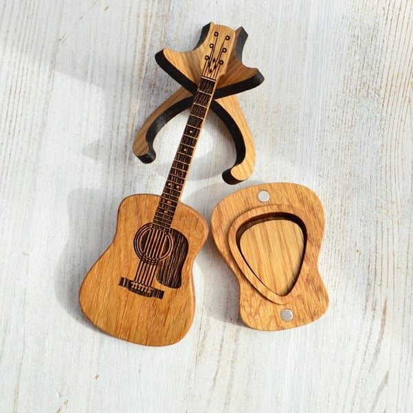 Engraved Wooden Guitar Pick Box — Display Stand Included