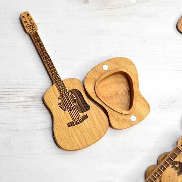 Engraved Wooden Guitar Pick Box — Display Stand Included