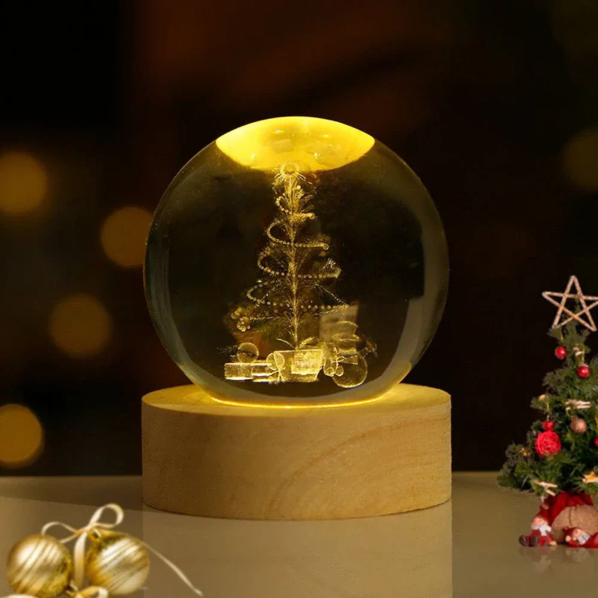 Crystal Ball Light — Transparent Sphere, Precision-Carved Interior Design, Warm White LEDs