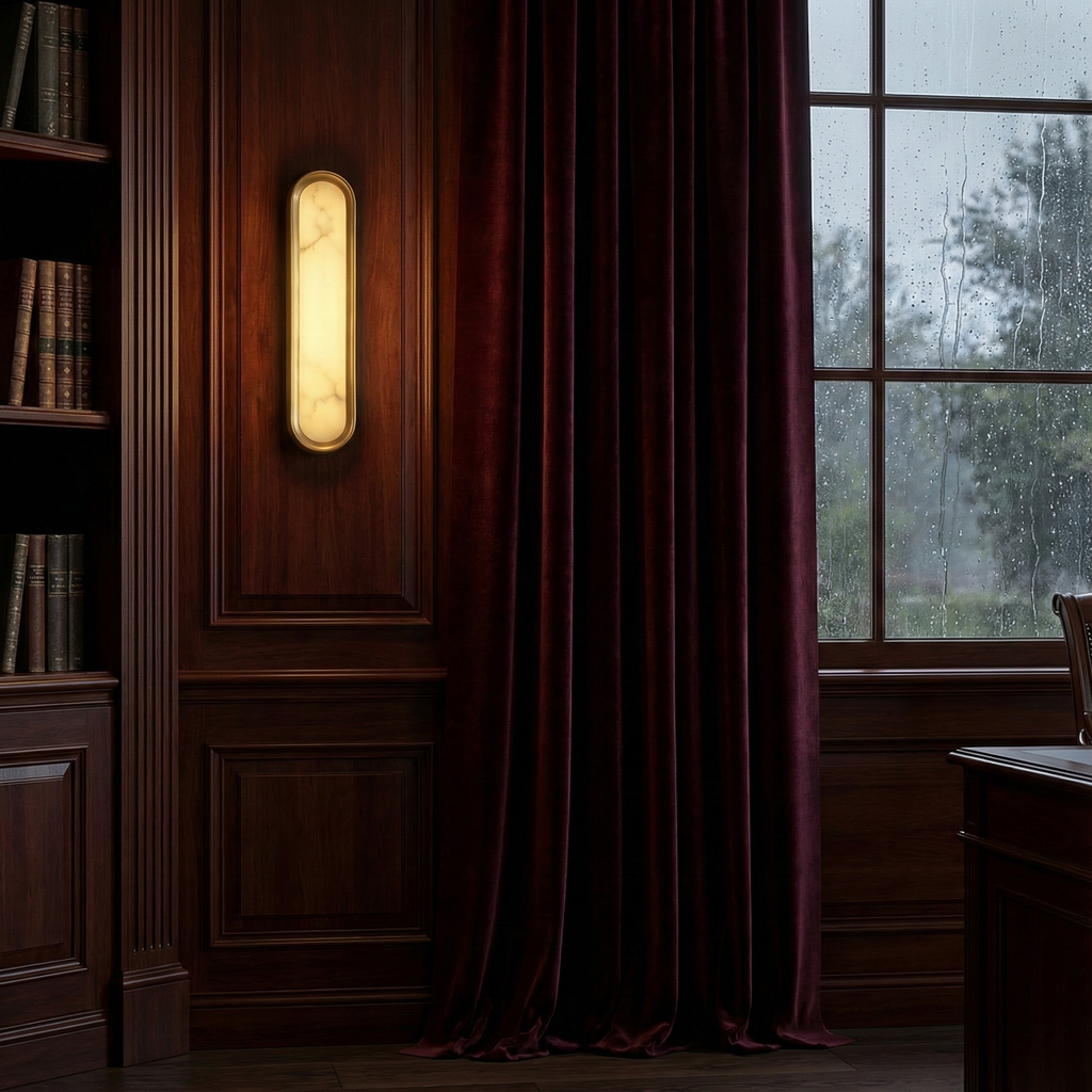 NovaLumen Elegant Alabaster Wall Sconce With Sculptural Metal Form And Ambient Glow