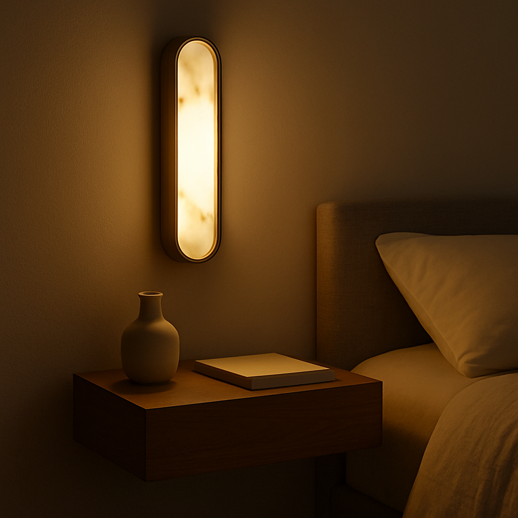 NovaLumen Elegant Alabaster Wall Sconce With Sculptural Metal Form And Ambient Glow