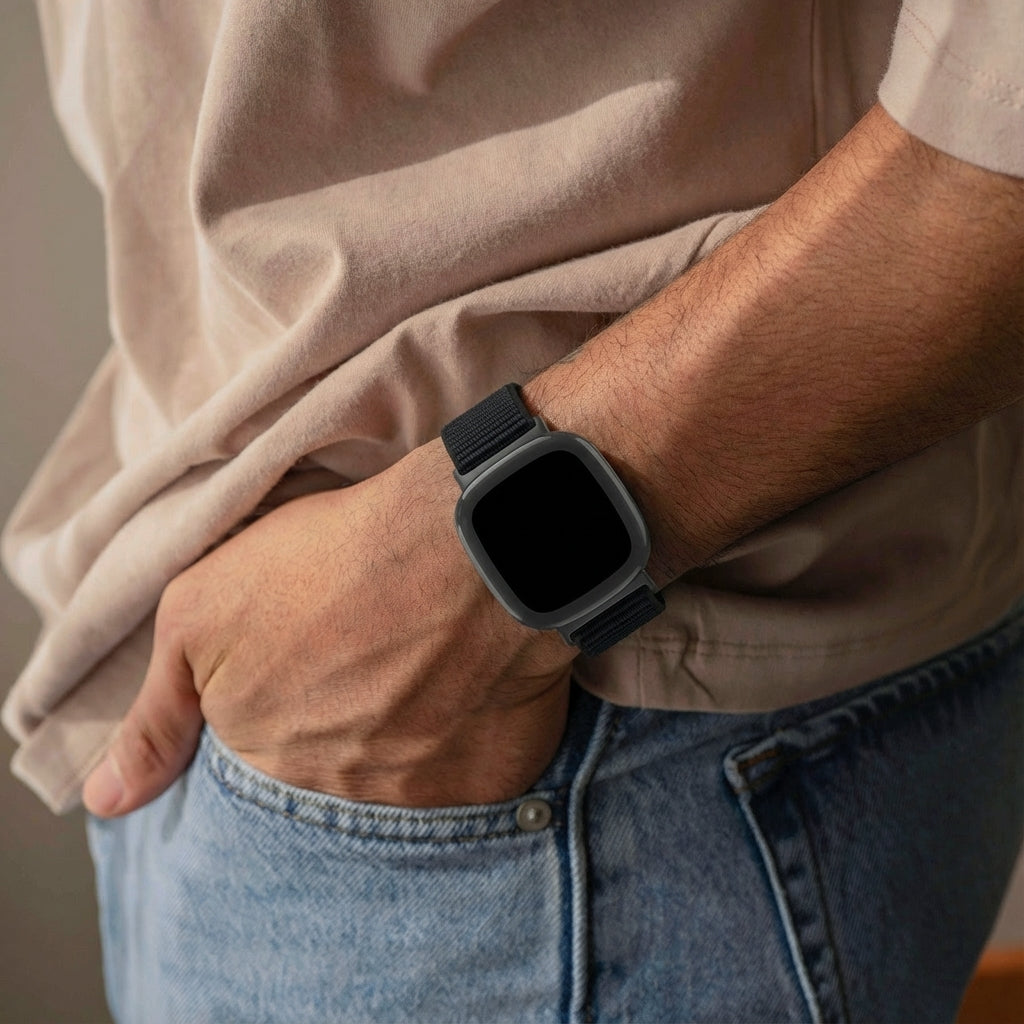 Nylonarmband till Fitbit Sense 2 – svart vävd design, säker kardborrestängning