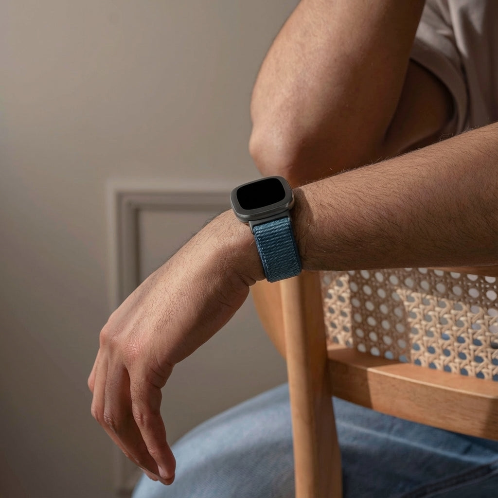 Modrý nylonový řemínek pro chytré hodinky Fitbit Versa 4 – zapínání na suchý zip