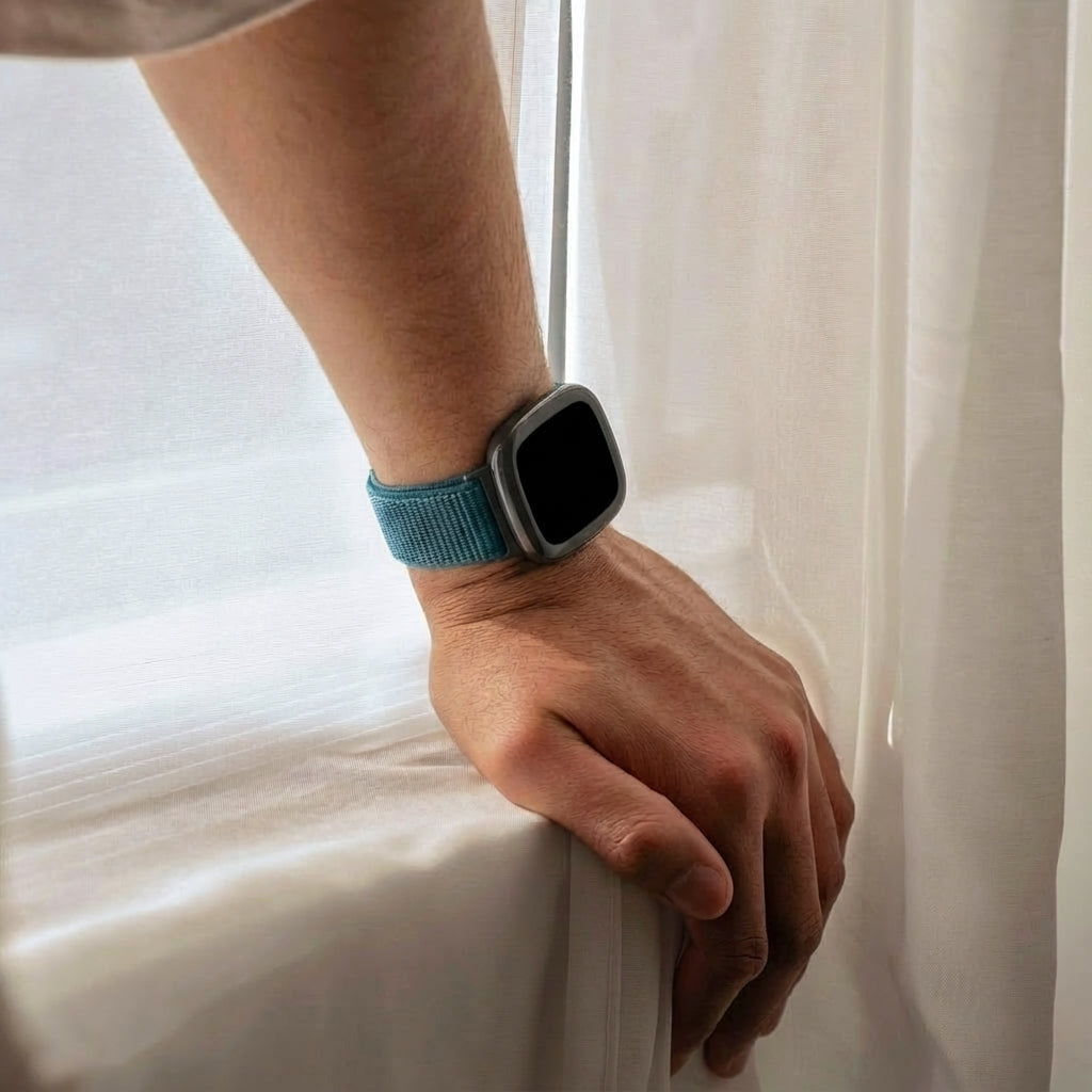 Modrý nylonový řemínek pro chytré hodinky Fitbit Versa 4 – zapínání na suchý zip