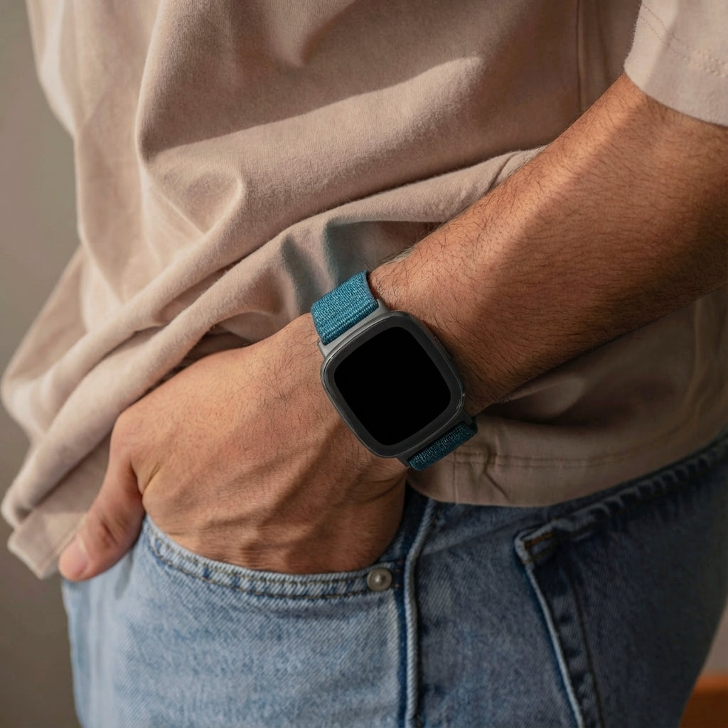 Modrý nylonový řemínek pro chytré hodinky Fitbit Versa 4 – zapínání na suchý zip