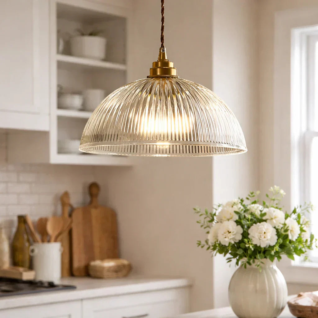 Industrial Farmhouse Pendant Light With Ribbed Glass And Domed Shade For Ceiling Mount