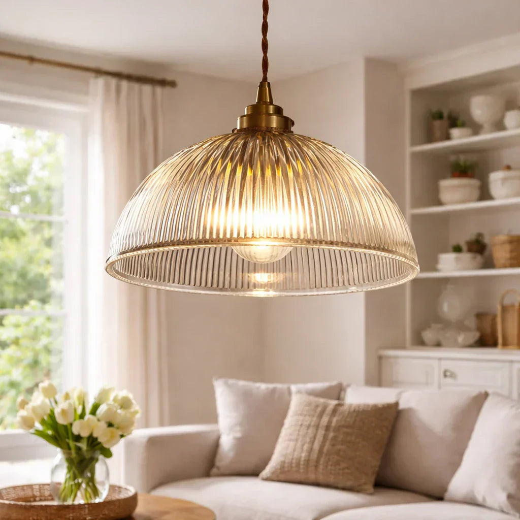 Industrial Farmhouse Pendant Light With Ribbed Glass And Domed Shade For Ceiling Mount