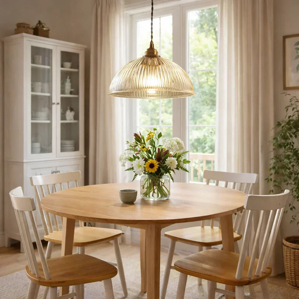 Industrial Farmhouse Pendant Light With Ribbed Glass And Domed Shade For Ceiling Mount