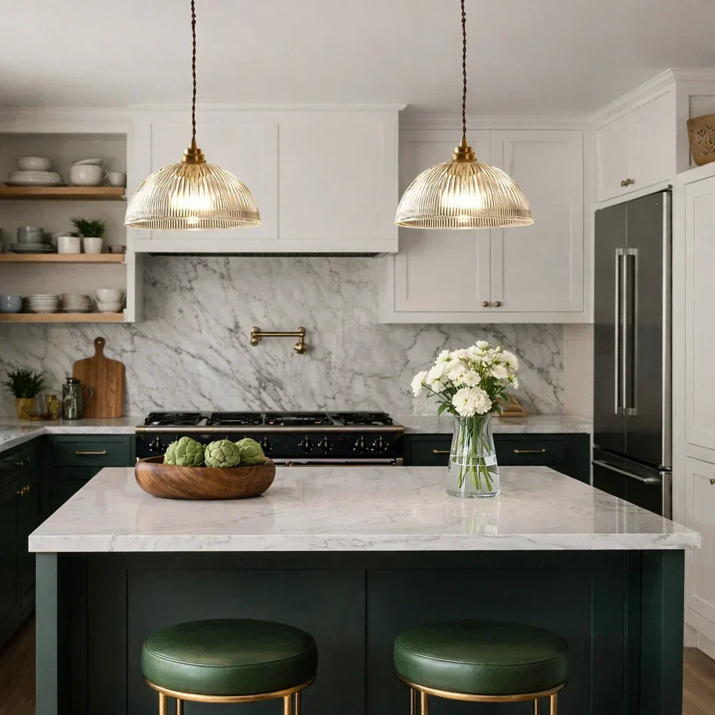 Industrial Farmhouse Pendant Light With Ribbed Glass And Domed Shade For Ceiling Mount