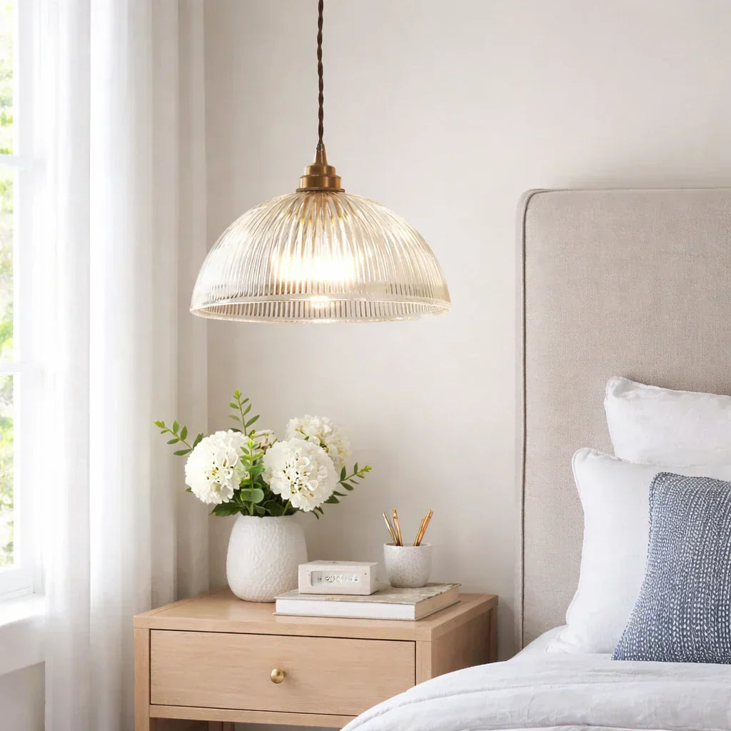 Industrial Farmhouse Pendant Light With Ribbed Glass And Domed Shade For Ceiling Mount
