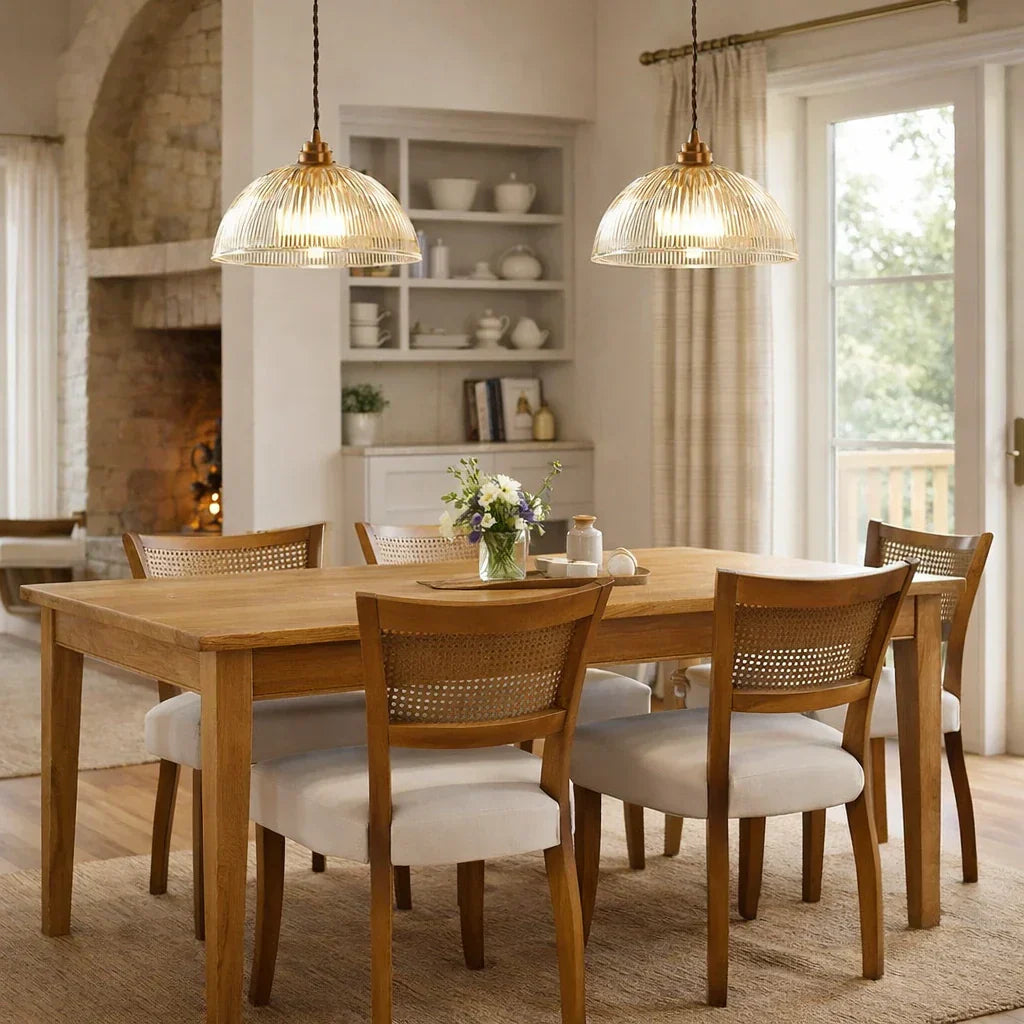 Industrial Farmhouse Pendant Light With Ribbed Glass And Domed Shade For Ceiling Mount