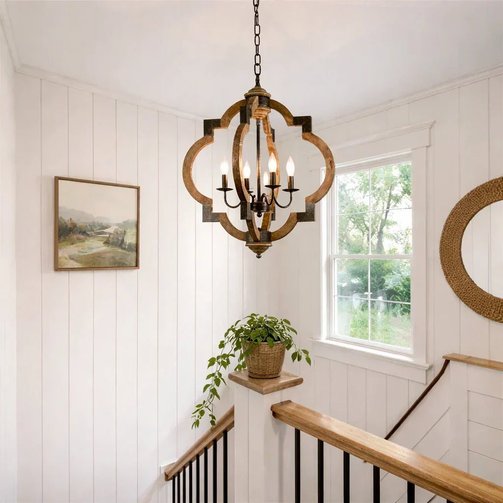 Rustic Farmhouse Style 4-Light Wooden Round Lantern Ceiling Light Fixture For Living Spaces