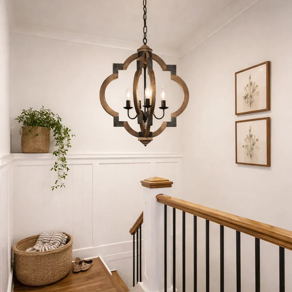 Rustic Farmhouse Style 4-Light Wooden Round Lantern Ceiling Light Fixture For Living Spaces