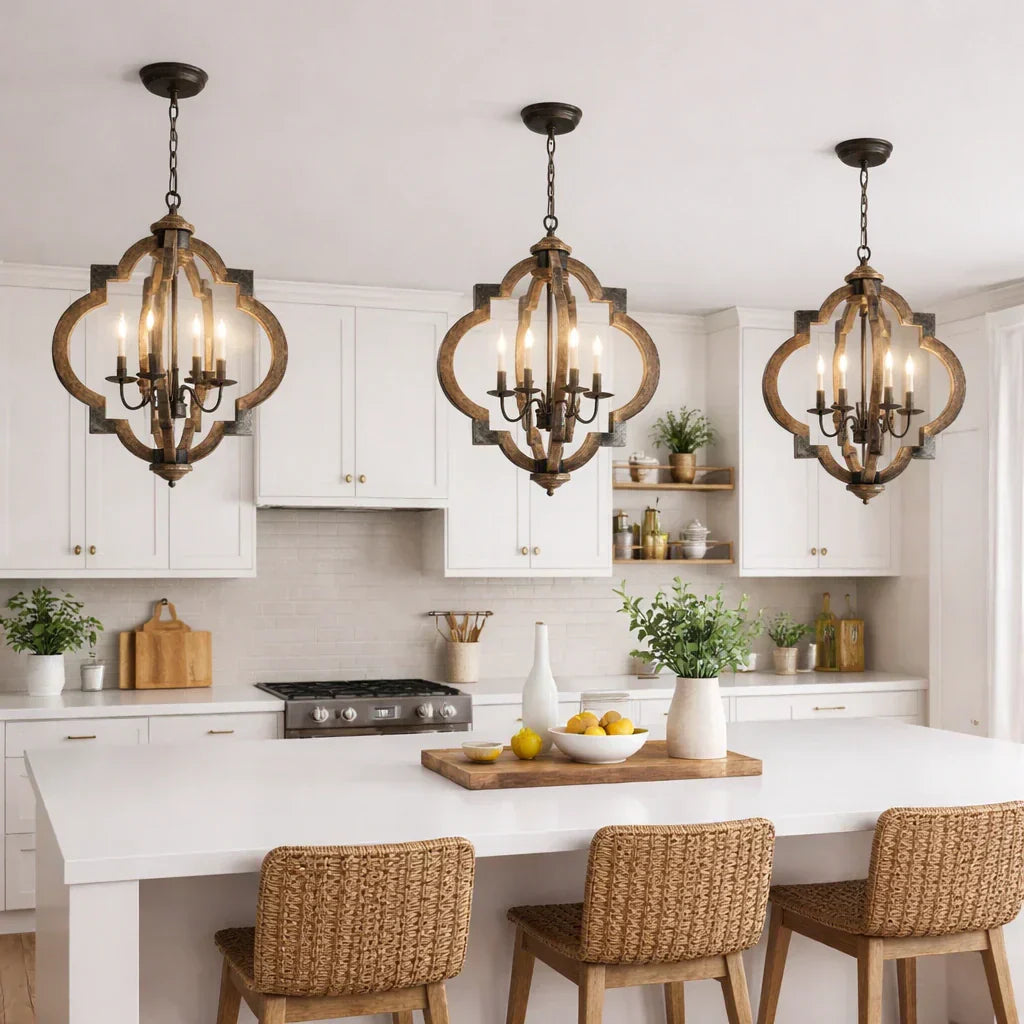 Rustic Farmhouse Style 4-Light Wooden Round Lantern Ceiling Light Fixture For Living Spaces