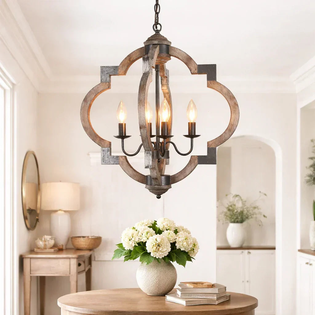 Rustic Farmhouse Style 4-Light Wooden Round Lantern Ceiling Light Fixture For Living Spaces