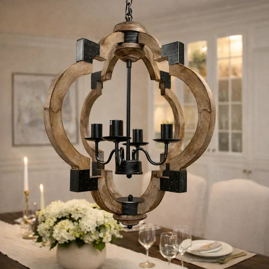 Rustic Farmhouse Style 4-Light Wooden Round Lantern Ceiling Light Fixture For Living Spaces