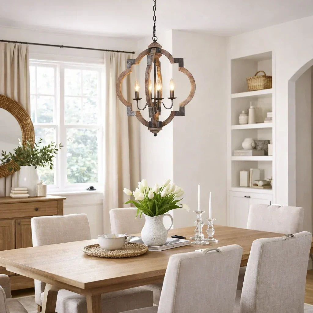 Rustic Farmhouse Style 4-Light Wooden Round Lantern Ceiling Light Fixture For Living Spaces