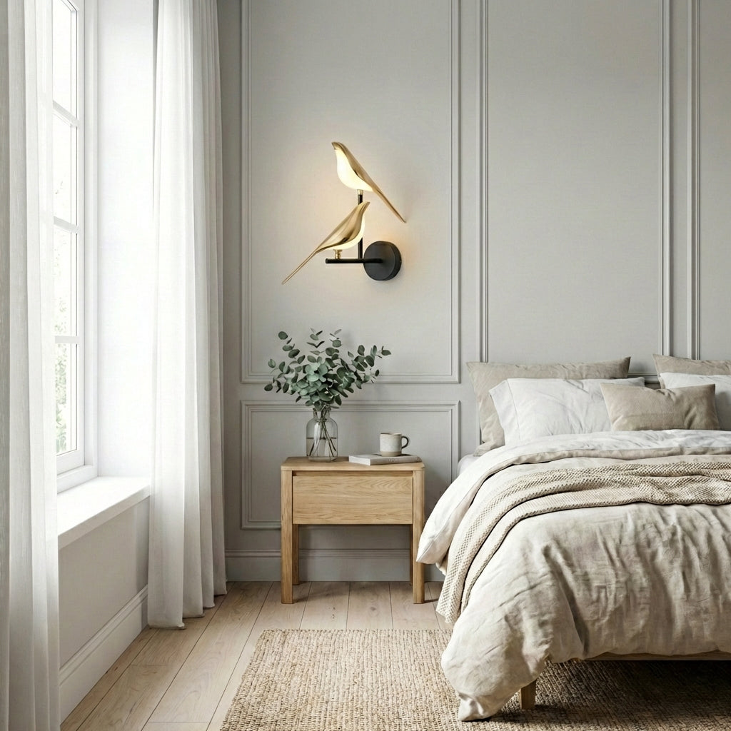LumaForge Messing-Wandleuchte mit Vogelmotiv für Schlafzimmer und Innenräume, schwenkbarer Kopf