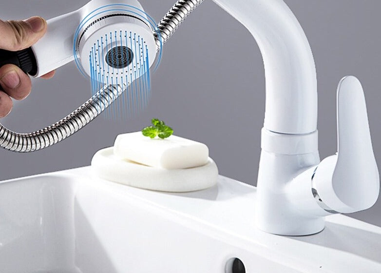 Extendable Sink Faucet With Spray Head In Chrome Black White Gold