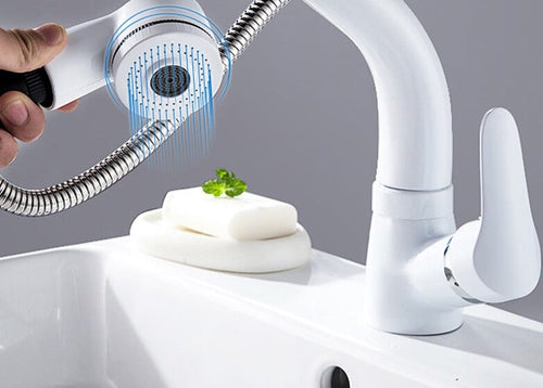 Extendable Sink Faucet With Spray Head In Chrome Black White Gold
