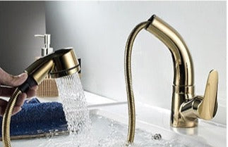 Extendable Sink Faucet With Spray Head In Chrome Black White Gold
