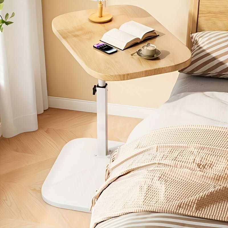 Height Adjustable C-Shape Side Table With Wood Surface And Metal Frame
