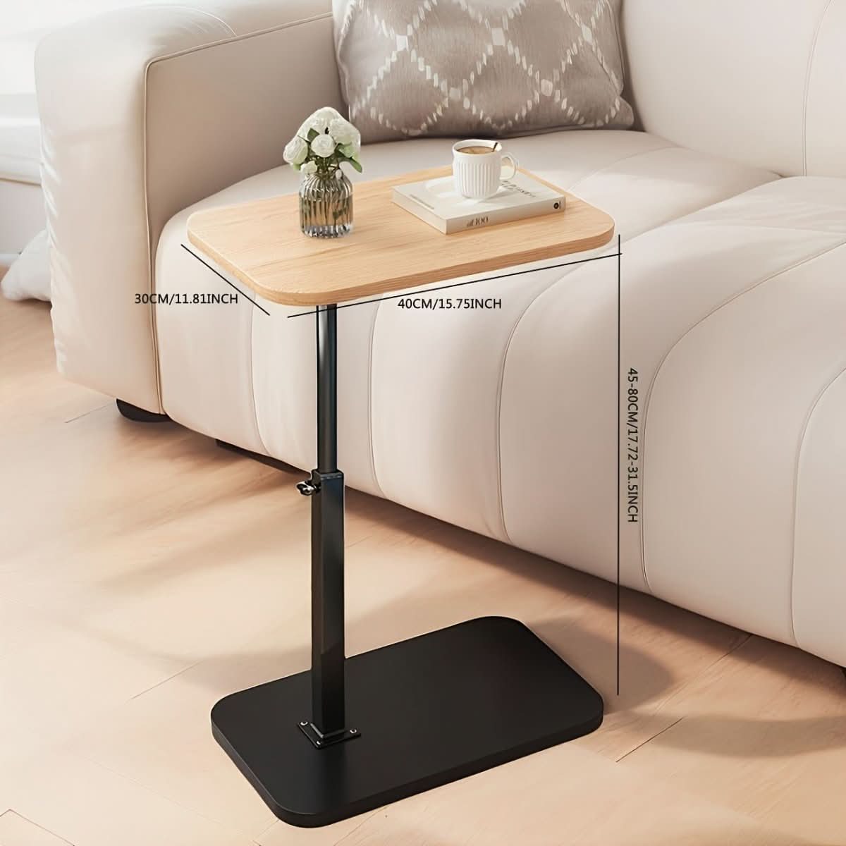 Height Adjustable C-Shape Side Table With Wood Surface And Metal Frame