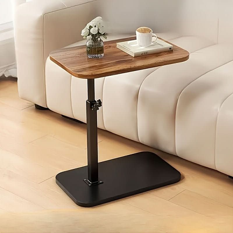 Height Adjustable C-Shape Side Table With Wood Surface And Metal Frame
